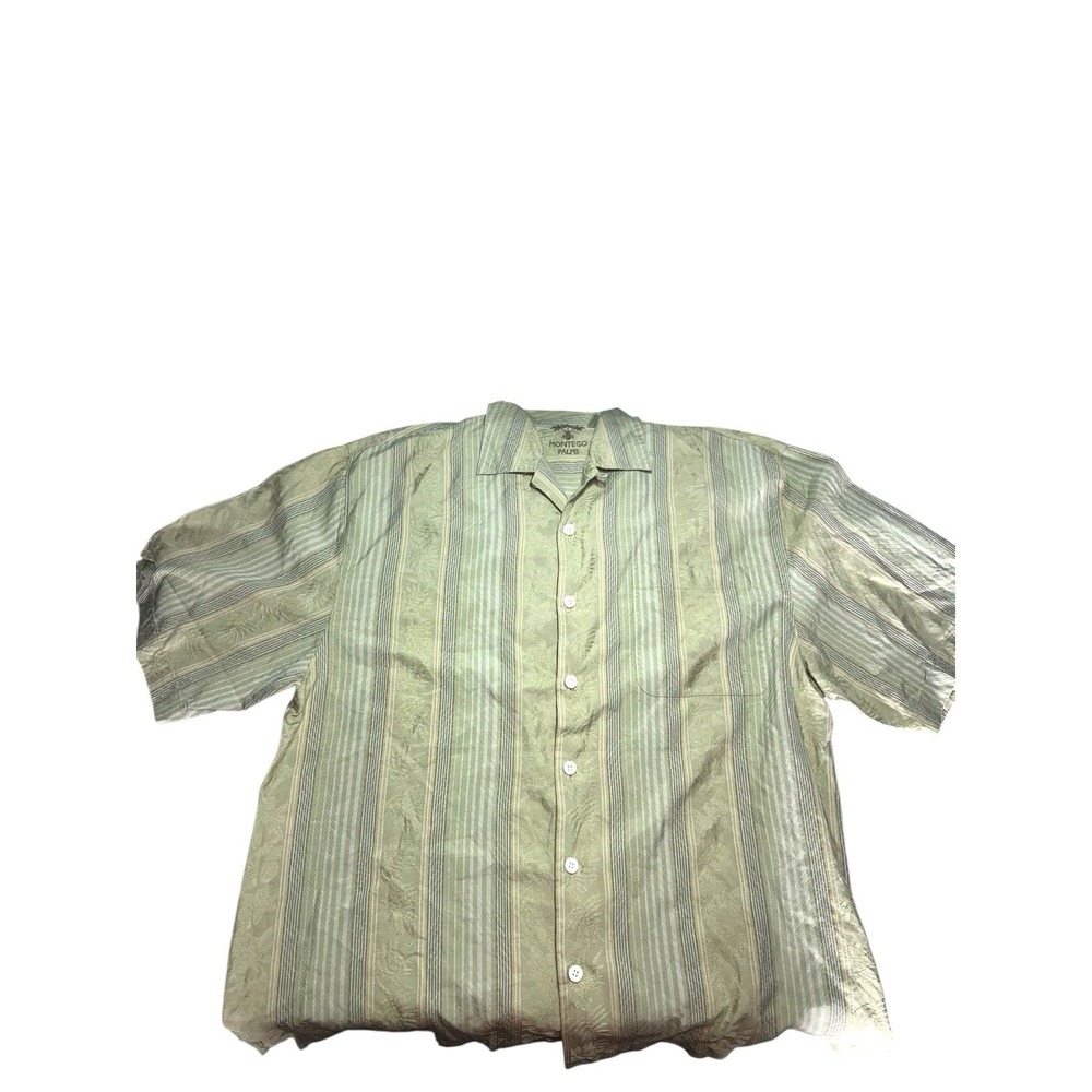 Montego Palms Mens Size Large 100% Silk Green‎ Hawaiian Shirt
